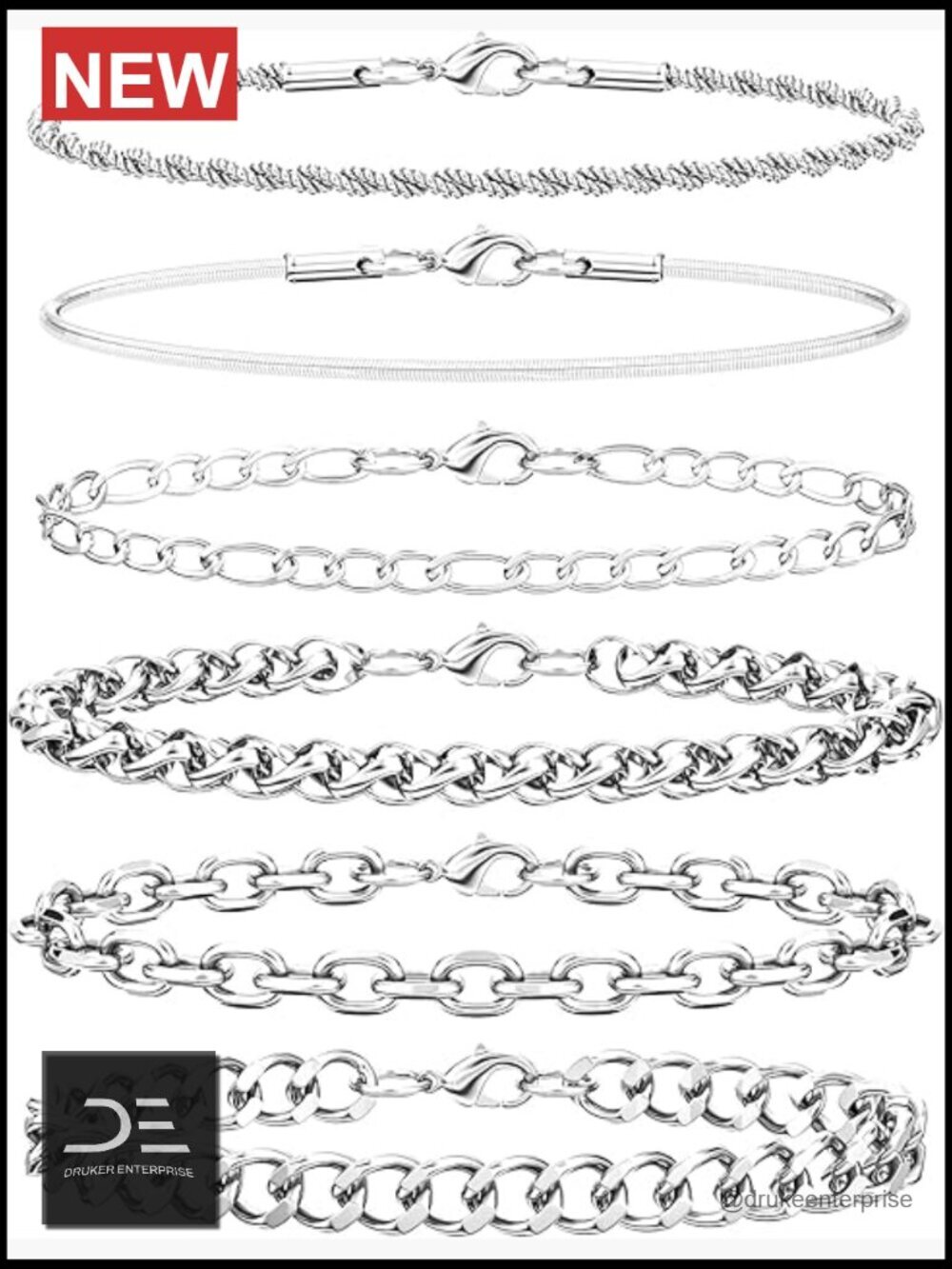 6PCS Stainless Steel Link Bracelet Set - Cuban Figaro Rope Snake Paperclip